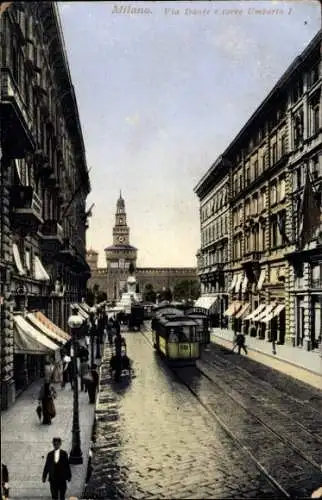 Ak Milano Mailand Lombardia, Via Dante e torre Umberto I, Straßenbahn