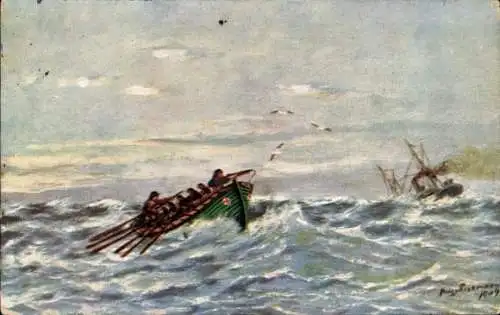 Künstler Ak Seenot-Rettungsboot auf See