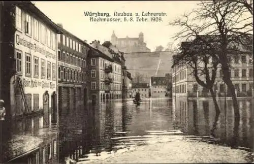 Ak Würzburg am Main Unterfranken, Wasserstand, Überschwemmung, Neubau, Lehrerstraße,  Fotografie