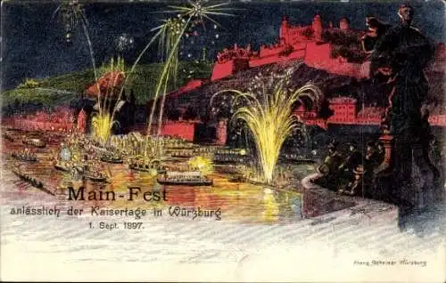 Ak Würzburg am Main Unterfranken, Main-Fest, Feuerwerk, Fluss, Festivitäten, 1. Sept. 1897