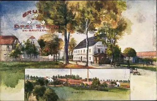 Künstler Ak Dreistern Kleinförstchen Göda in der Oberlausitz, Ziegelei, Gasthof Drei Stern