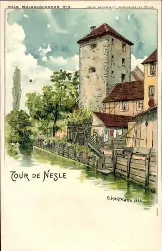 Künstler Litho Hartmann, B., Nesle Somme, Blick zum Turm