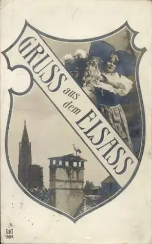 Wappen Ak Elsässerin in Tracht, Blumenkorb, Storchennest, Kirche