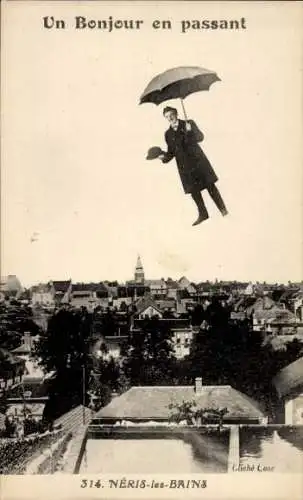 Ak Néris les Bains Allier, Mann mit Schirm im Flug über die Stadt