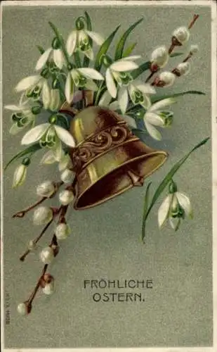 Ak Fröhliche Ostern, Glocke, Weidenkätzchen, Schneeglöckchen