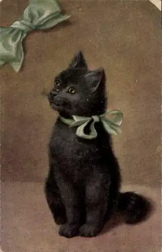 Ak schwarze Katze mit grüner Schleife
