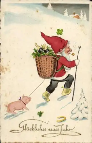 Ak Glückliches neues Jahr, Zwerg mit Schwein, Kiepe
