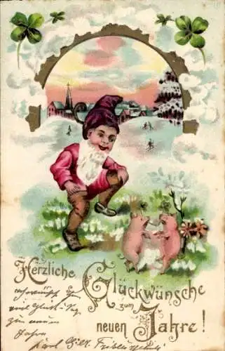 Präge Ak Glückwunsch Neujahr, Zwerg, Schweine, Klee