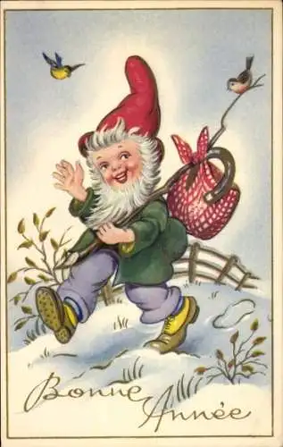 Ak Glückwunsch Neujahr, Zwerg, Wanderstock mit Sack, Vögel