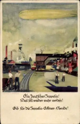 Künstler Ak Amtsberg, Otto, Ein Deutscher Zeppelin, Eckener Spende, Luftschiff, Industrieanlagen
