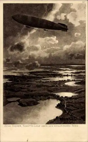 Künstler Ak Diemer, Zeno, Schütte Lanz über den Masurischen Seen, Luftschiff, Zeppelin