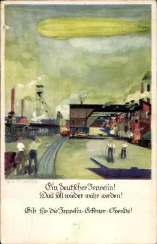 Künstler Ak Amtsberg, Otto, Ein Deutscher Zeppelin, Eckener Spende, Luftschiff, Industrieanlagen