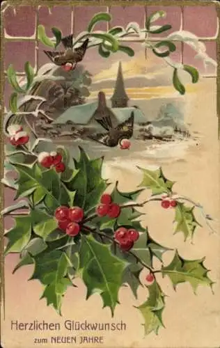 Präge Litho Glückwunsch Weihnachten, Mistel, Stechpalmenzweige, Vogel