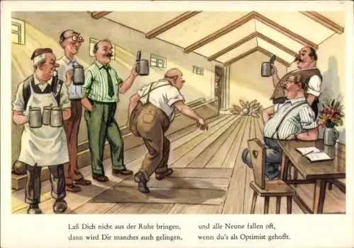 Ak Lass dich nicht aus der Ruhe bringen, Männer beim Kegeln, Bierkrüge