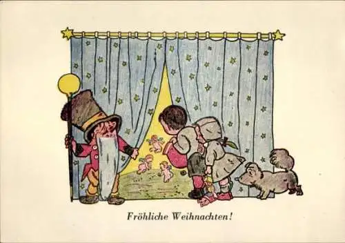 Ak Fröhliche Weihnachten, Kinder blicken durch Vorhang auf Engel
