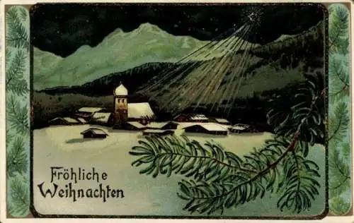Passepartout Ak Fröhliche Weihnachten, Dorf im Schnee, Tannenzweig