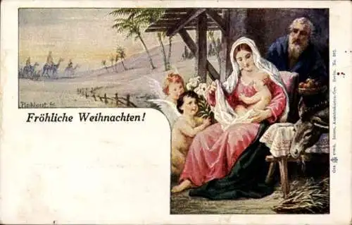 Künstler Ak Plockhorst, Frohe Weihnachten, Krippenszene, letzte Christnacht XIX. Jahrhundert