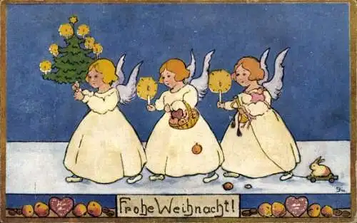 Künstler Ak Glückwunsch Weihnachten, Engel, Geschenke, Tannenbaum