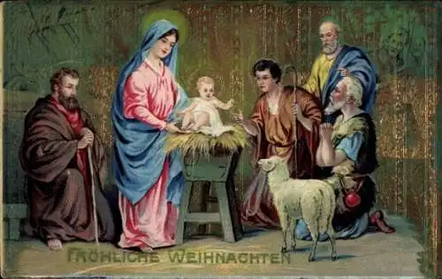 Ak Fröhliche Weihnachten, Jesuskind, Maria, heilige drei Könige, Lamm