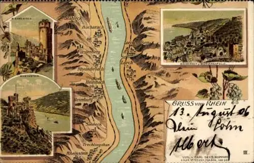 Litho Trechtingshausen am Rhein, Burg Rheinstein, Bacharach