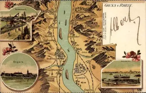 Landkarten Litho Andernach am Rhein, Engers, Neuwied, Leutesdorf, Namedy, Hamerstein, Nippes