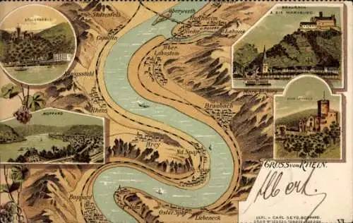 Litho Stolzenfels Koblenz am Rhein, Boppard, Braubach, Marksburg