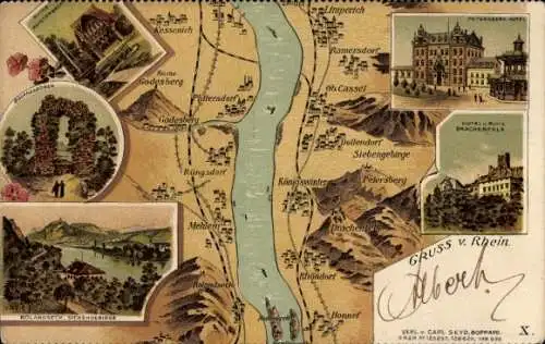 Litho Rolandseck Remagen am Rhein, Rolandsbogen, Drachenfels