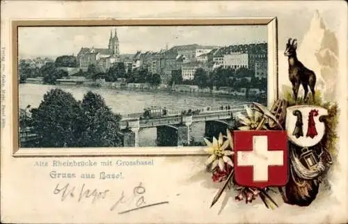 Präge Wappen Passepartout Ak Basel Stadt Schweiz, Alte Rheinbrücke, Grossbasel
