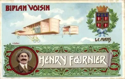 Wappen CPA Le Mans Sarthe, Aviation, Biplan Voisin, Henry Fournier
