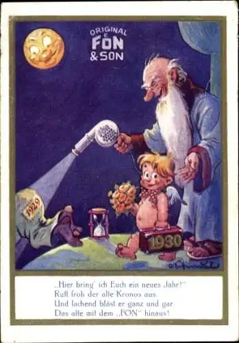 Künstler Ak Glückwunsch Neujahr 1930, Werbung, Original Fön und Son
