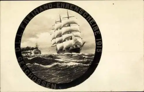 Ak Segelschiff, Kriegsschiff, Freihand-Ehrenscheibe 1915