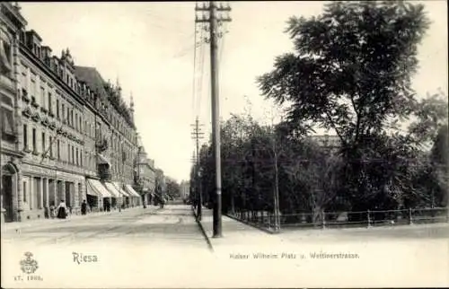 Ak Riesa an der Elbe Sachsen, Kaiser Wilhelm Platz und Wettiner Straße, Wurstwaren O. Müller