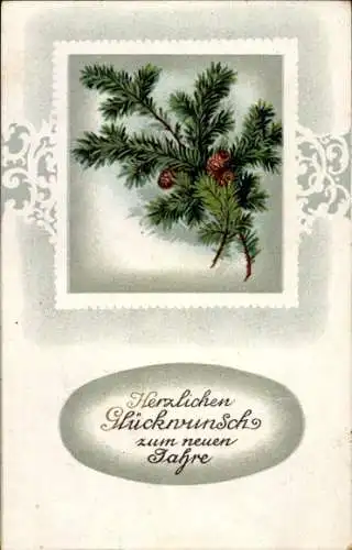 Passepartout Ak Fröhliches Neujahr, Tannenzweig