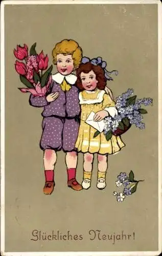 Ak Fröhliches Neujahr, Kinder mit Blumen