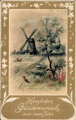 Präge Passepartout Ak Glückwunsch Neujahr, Windmühle, Vögel