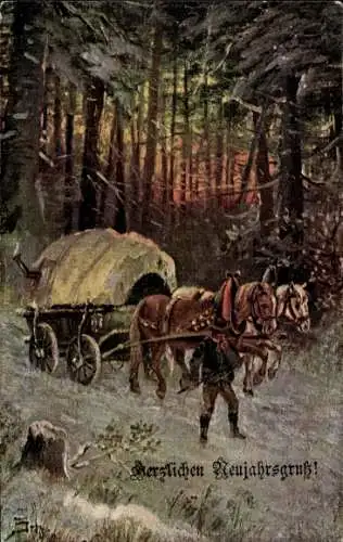 Künstler Ak Fröhliches Neujahr, Planwagen im Wald, Zugpferde