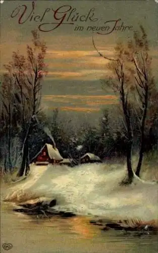Ak Fröhliches Neujahr, Landschaftsmotiv, verschneites Haus