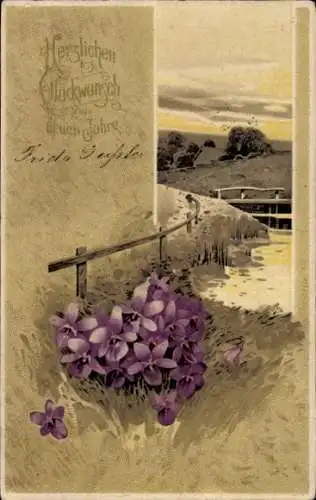 Präge Ak Fröhliches Neujahr, Landschaftsmotiv, Veilchen