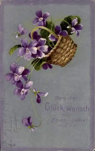 Ak Fröhliches Neujahr, Blumenkorb, Veilchen