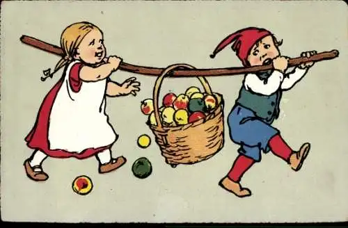 Künstler Ak Kinder, Apfelkorb, Humor