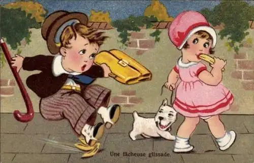 Künstler Ak Une fâcheuse glissade, Kinder, Humor
