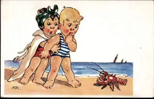 Künstler Ak Kinder am Strand, Hummer