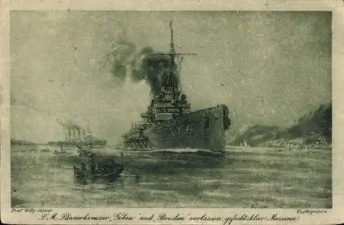 Ak Messina Sizilien, Prof. Willy Stower, Kupfergranulat, S.M. Panzerkreuzer Goeben und Breslau...