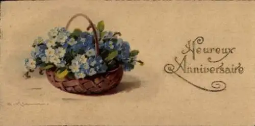 Präge Künstler Ak Klein, C., Glückwunsch, Blumenkorb, Vergissmeinnicht