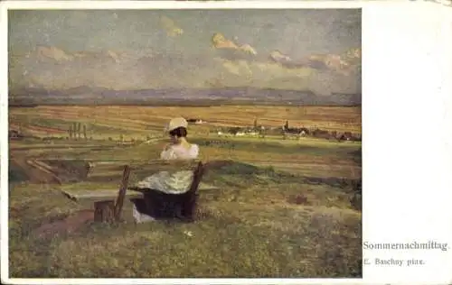 Künstler Ak Baschny, E., Sommernachmittag, Frau, Sitzbank, Landschaft