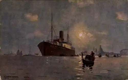 Ak Venezia Venedig Veneto, Venedig bei Nacht, ein Schiff im Hafen, Gondeln auf dem Wasser
