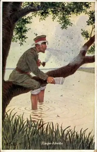 Künstler Ak H.S.B., Flieger-Abwehr, Soldat gemütlich auf einem Baum
