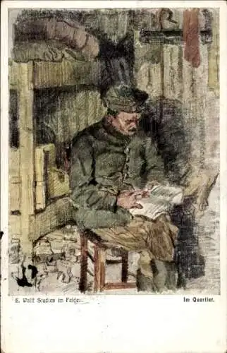 Künstler Ak Wolff, E., Im Quartier, Deutscher Soldat beim Lesen, I. WK