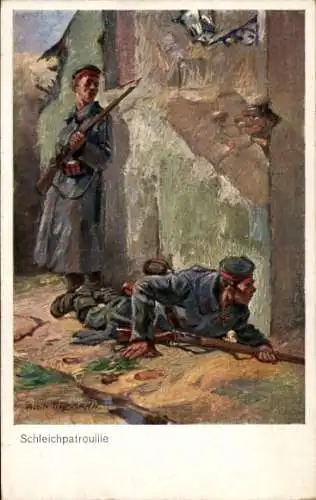 Ak Spa Wallonien Lüttich, Soldat versteckt sich hinter einer Hauswand, ein weiterer Soldat steht.