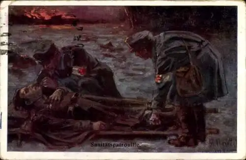 Künstler Ak Verwundeter Soldat, Sanitätspatrouille